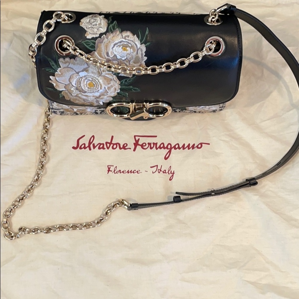 Salvatore Ferragamo Black Floral Embroidered Mini Bag with Gold Hardware - Picture 3 of 6
